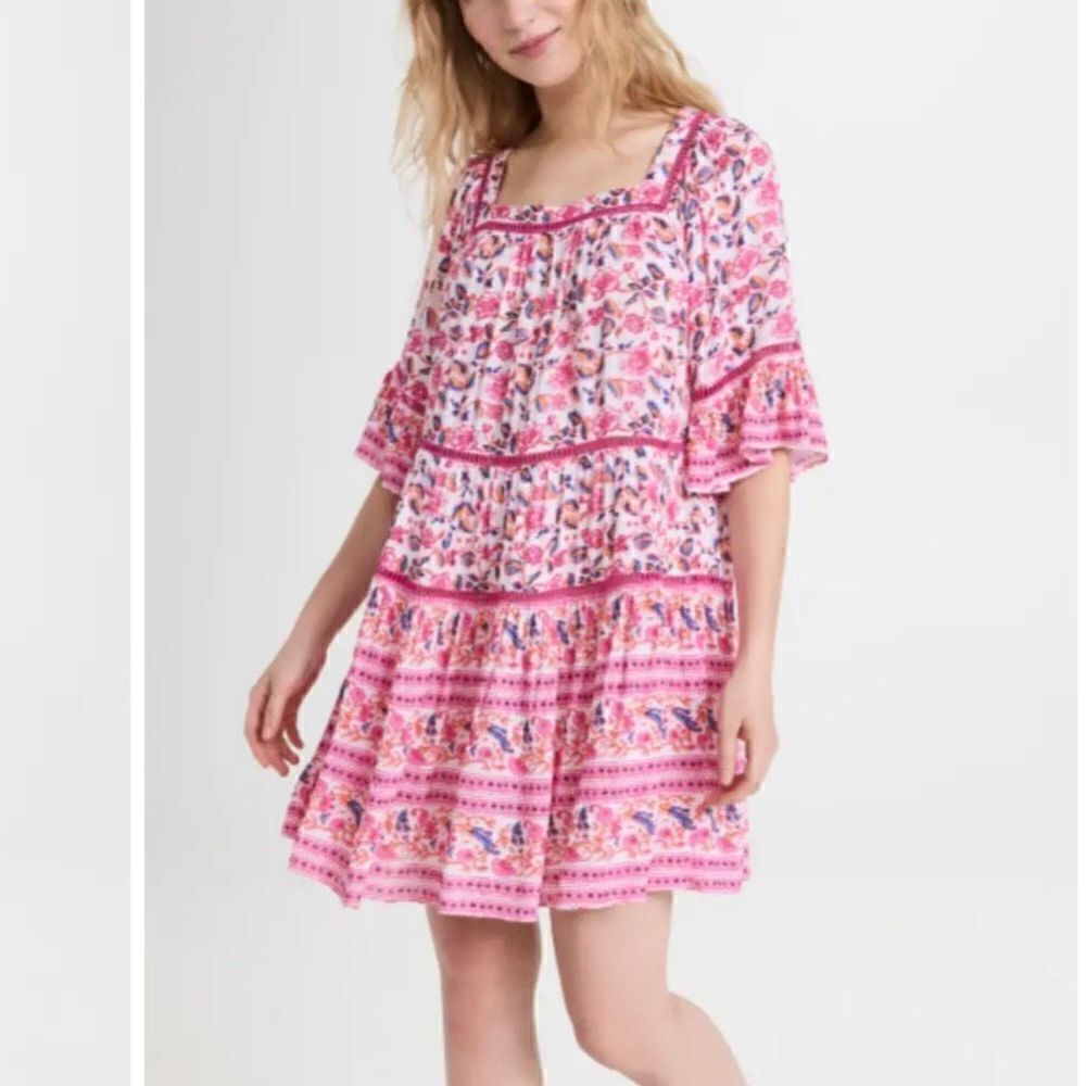 Playa Lucila Women’s Small Drop Waist Mini Dress in Multi Pink Floral Ruched